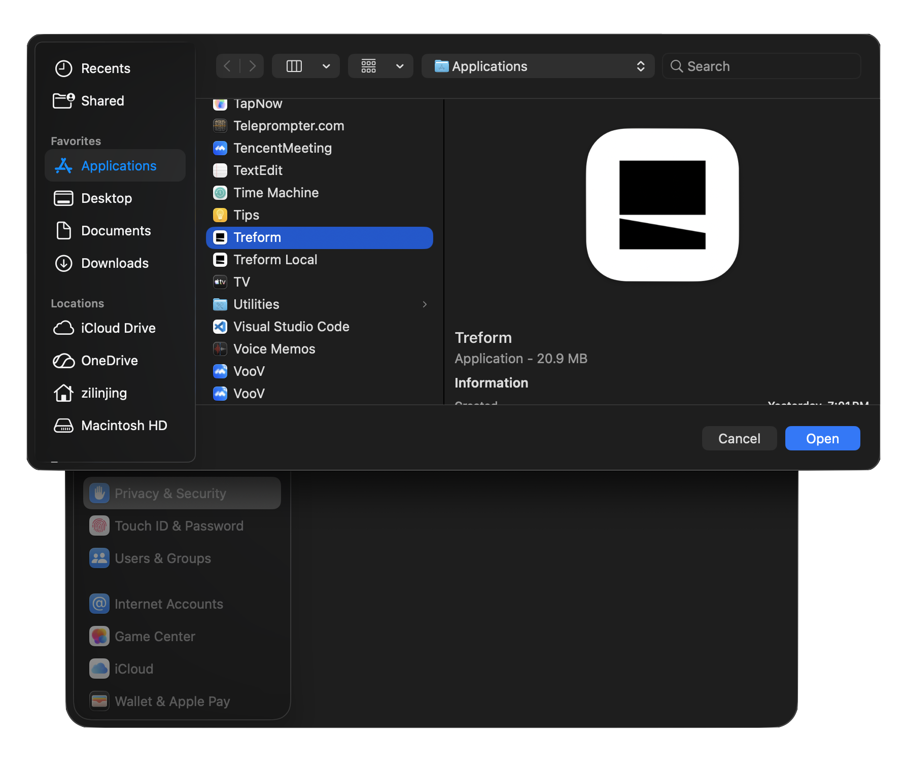 macOS file picker open at Applications with Treform selected and the Open button highlighted