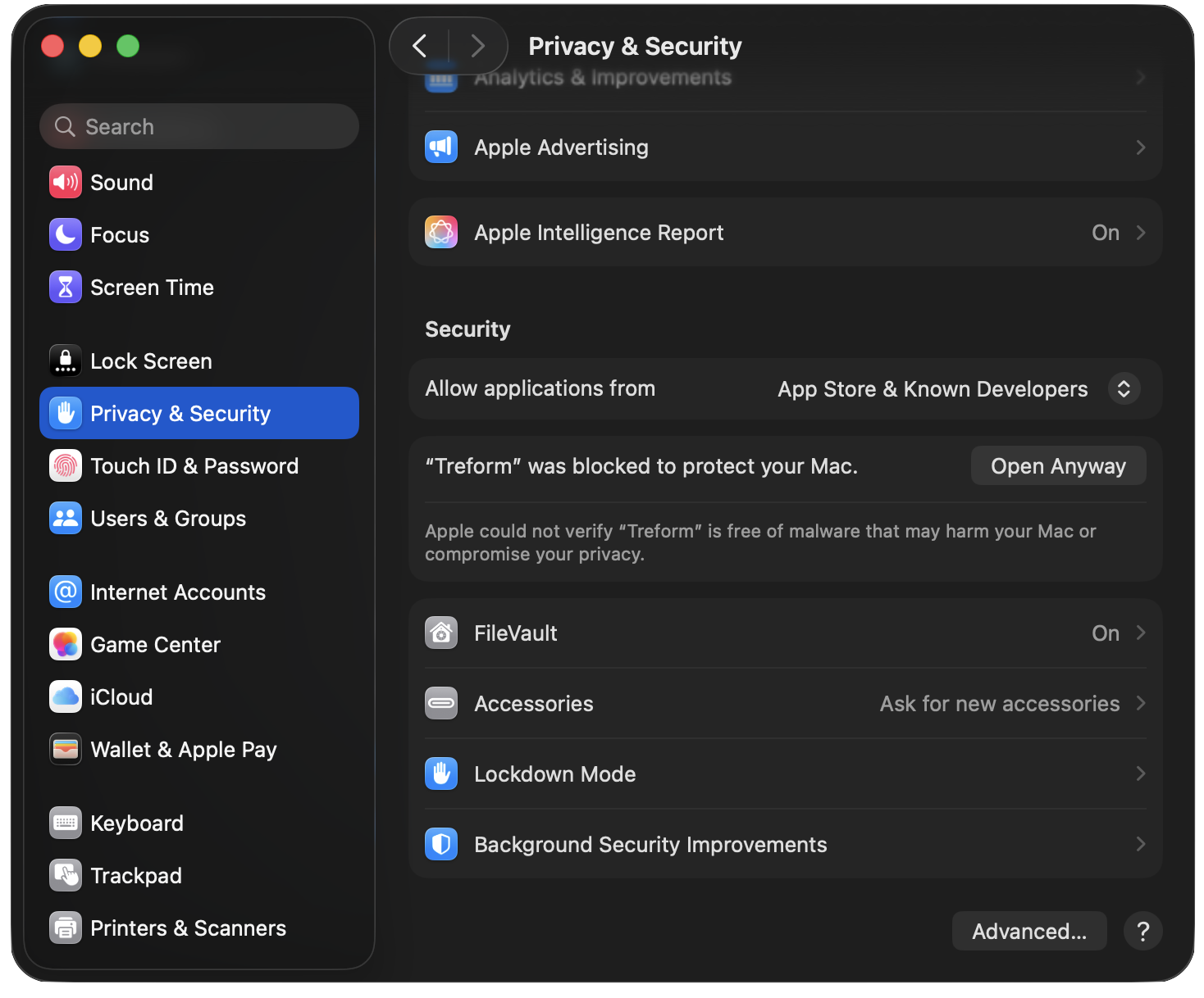 System Settings → Privacy & Security showing “Treform” was blocked to protect your Mac, with an Open Anyway button