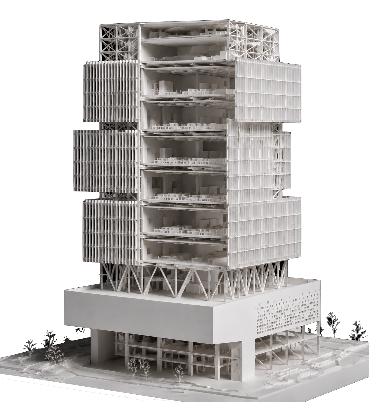 The same tower cut open: floor plates, structure and core resolved