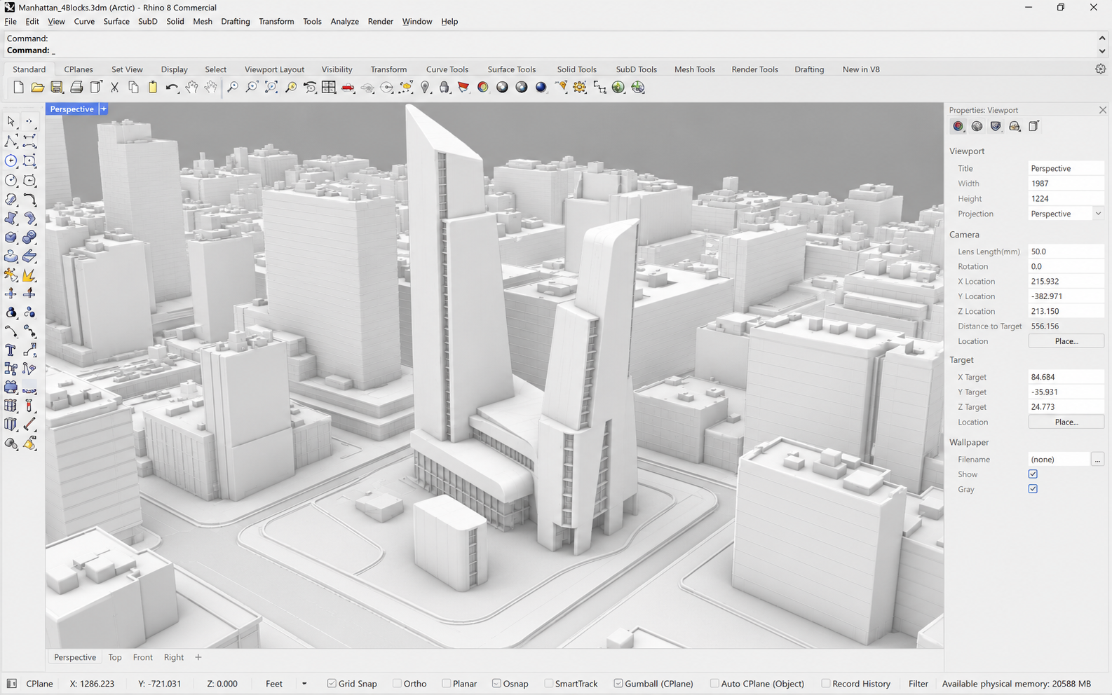 Imported site with surrounding context buildings in Treform's 3D viewport