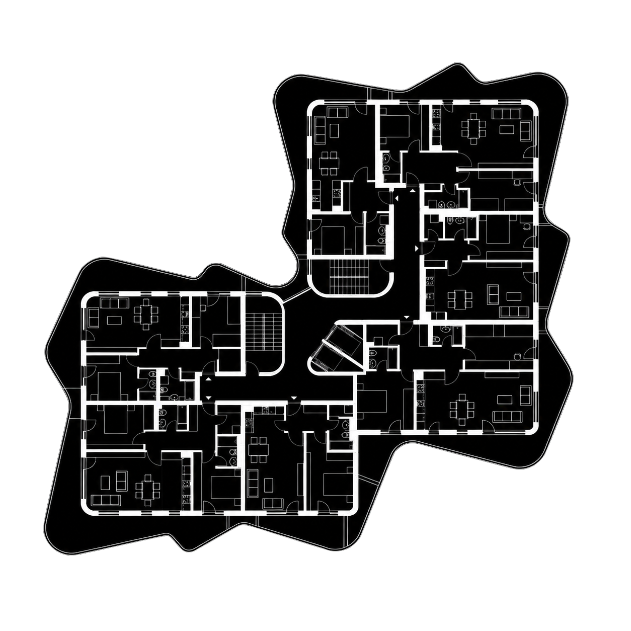 The same plan with furniture drawn into every unit